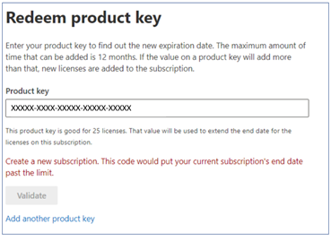 Captura de tela da mensagem de erro da chave do produto.