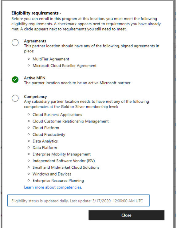 Captura de tela de um exemplo de requisitos de incentivos no Partner Center.
