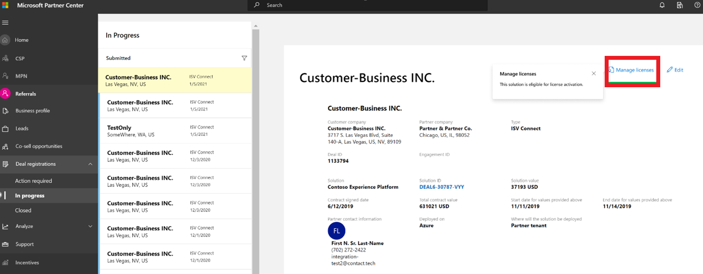Captura de tela que mostra o formulário onde você pode gerenciar licenças para um negócio ISV Connect.