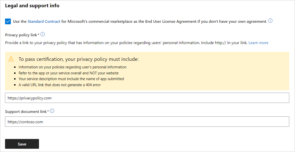 Captura de tela da política de privacidade e caixas do link do documento de suporte.