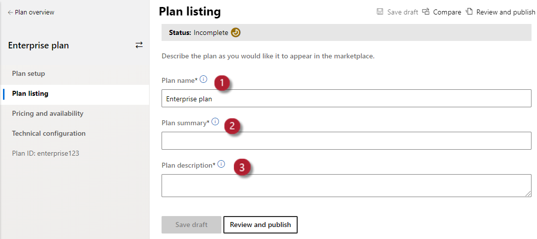 Ilustra a página de listagem de planos no Partner Center. s campos Nome do plano, Resumo do plano e Descrição do plano são realçados