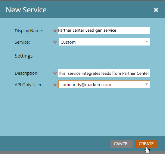 Captura de tela mostrando o novo formulário de serviço da API Marketo