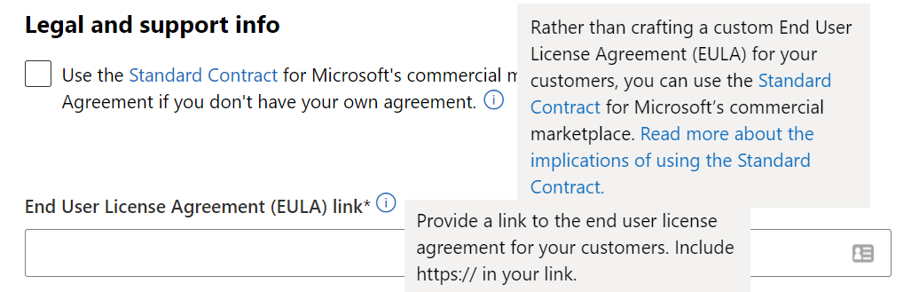 Ilustra a caixa de seleção Usar o Contrato Padrão do Microsoft Marketplace.