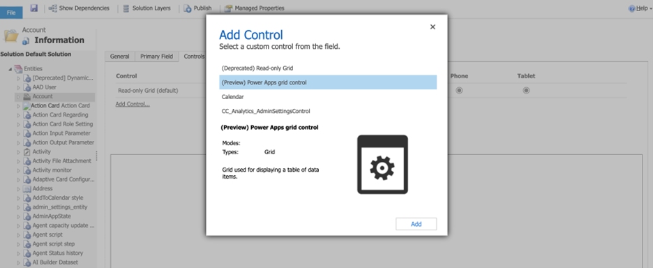 Captura de tela da lista de Controles usada para adicionar o controle de grade do Power Apps.