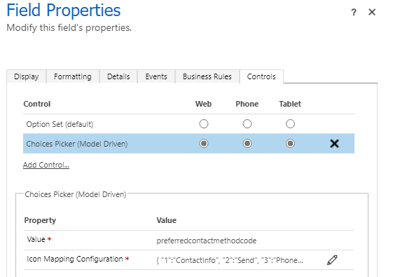 Captura de tela das propriedades de controle ChoicesPicker com a configuração de mapeamento de ícone.
