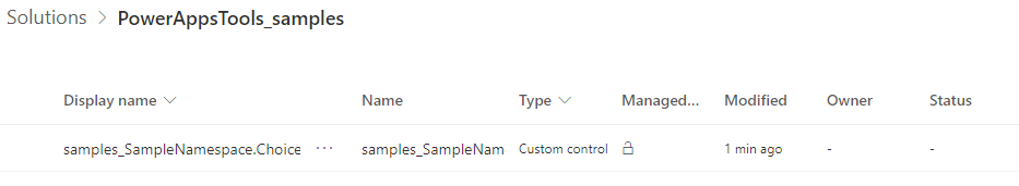 Captura de tela da solução temporária PowerAppTools_samples que contém o componente ChoicesPicker.