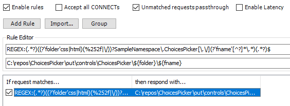 Captura de tela de uma regra do Fiddler AutoResponder que carrega a saída da compilação local do ChoicesPicker.