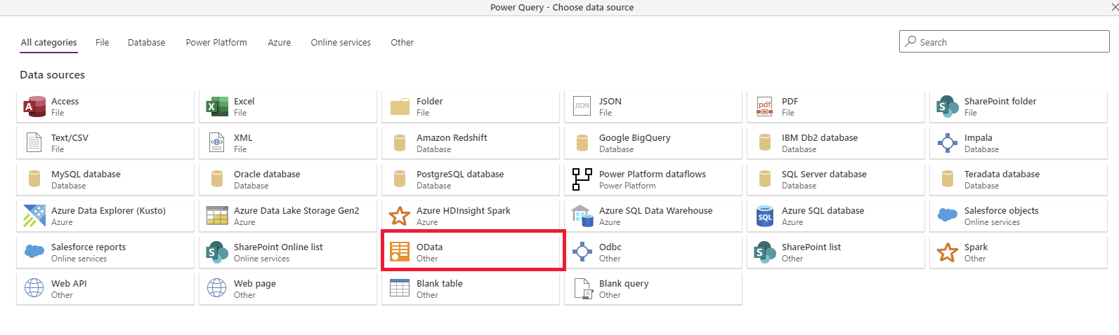 Captura de tela da página de seleção da fonte de dados com o conector OData realçado.