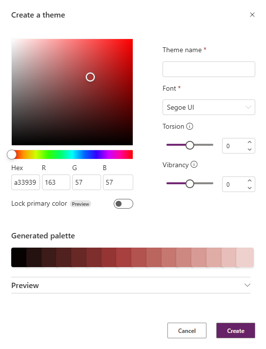 Captura de tela mostrando a interface do usuário Criar um tema.