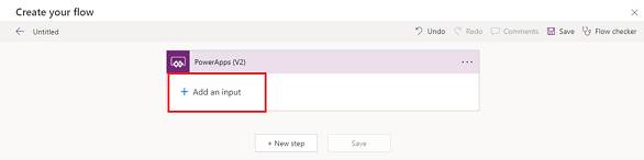 Captura de tela da adição de uma entrada ao nó de gatilho do PowerApps (V2).