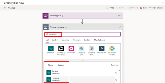 Captura de tela da adição do conector Criar arquivo do SharePoint ao fluxo.