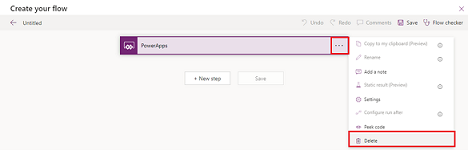 Captura de tela da exclusão do gatilho padrão do PowerApps no fluxo do Power Automate.