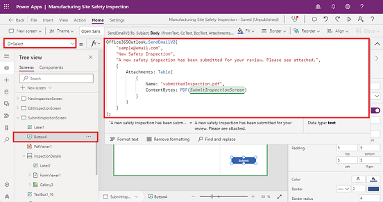 Captura de tela de um email adicionado à propriedade OnSelect de um botão.