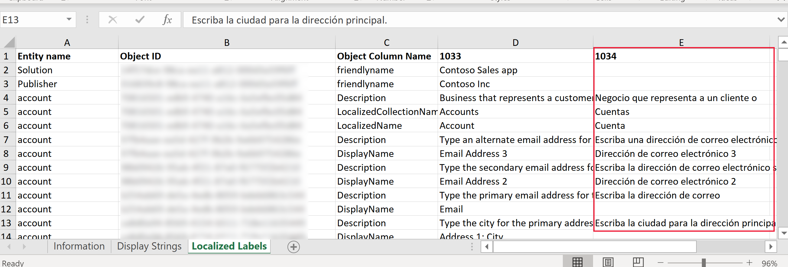 Texto traduzido em arquivo do Excel.