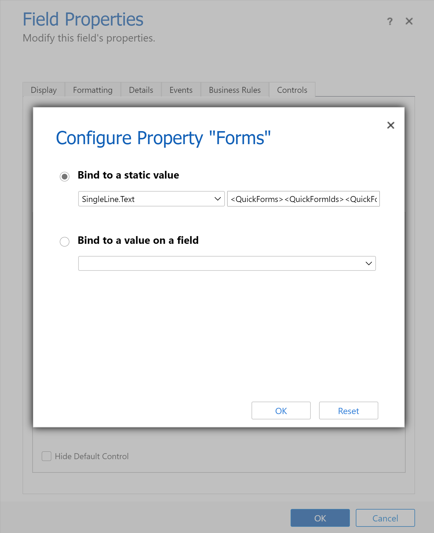 Configurar o controle de componente de formulário.