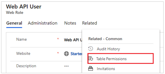 Adicionar permissões de tabela relacionada à função Web.