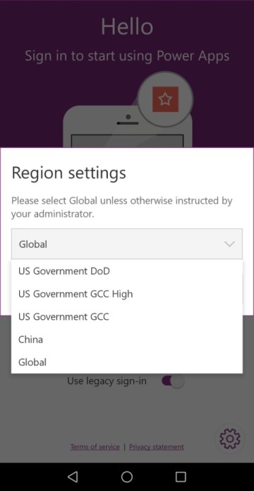 Escolher uma região ao entrar no do aplicativo móvel Power Apps