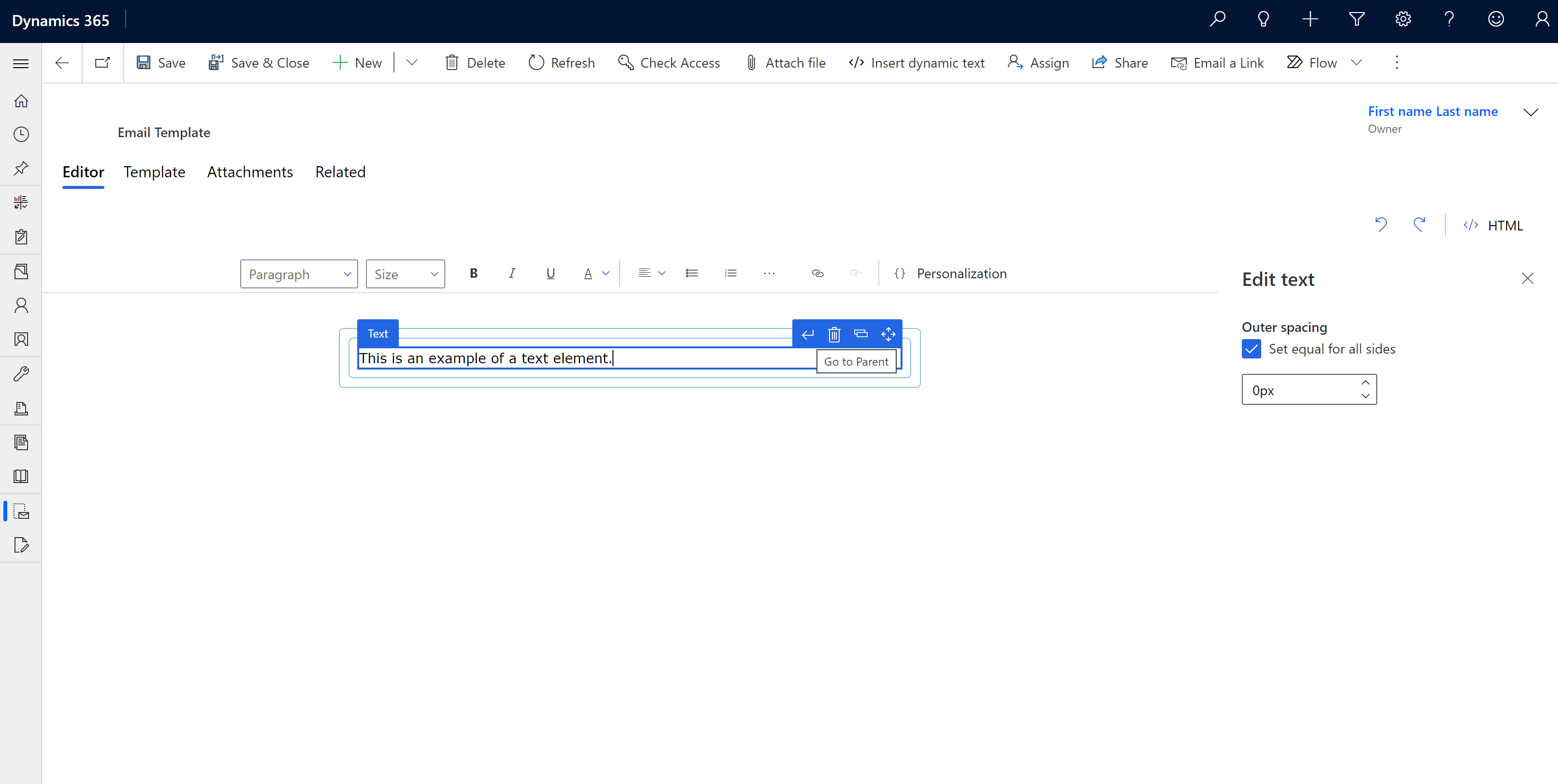 Captura de tela da página do editor de modelo de email, com a chamada Ir para o principal.