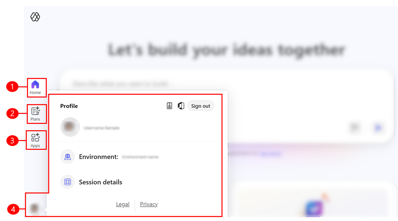 Captura de tela do painel de navegação esquerdo na nova experiência do Power Apps.