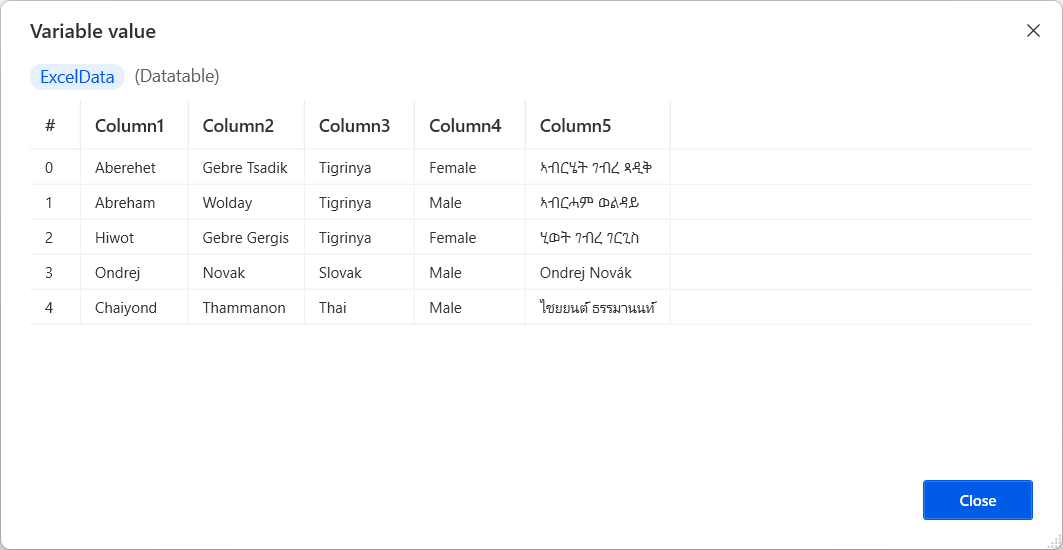 Captura de tela de uma tabela de dados exibida no visualizador de valor.