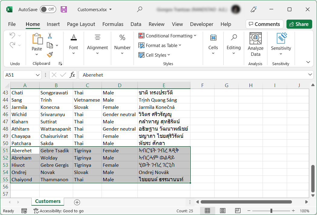 Captura de tela de dados gravados do Excel.
