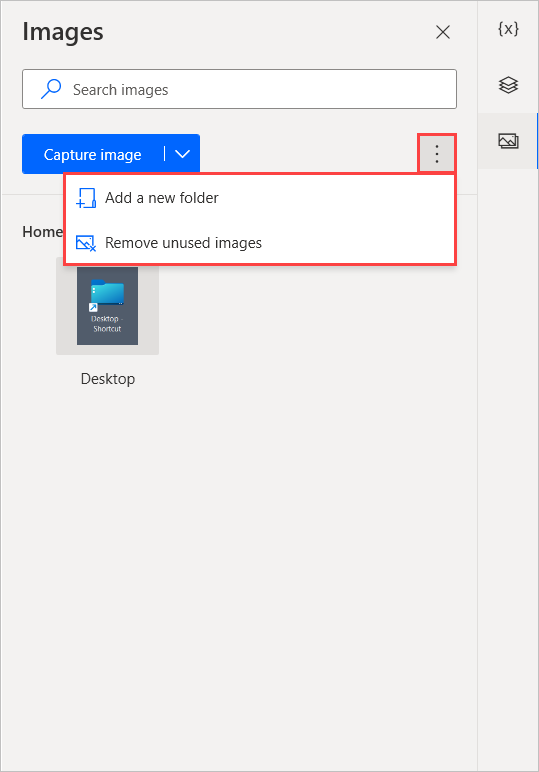 Captura de tela das opções Remover imagens não utilizadas e Adicionar uma nova pasta na guia Imagens.