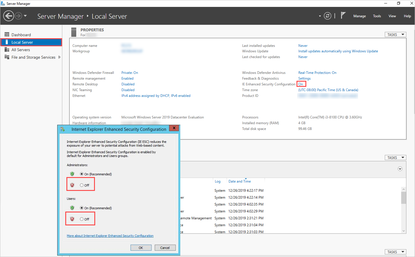 Captura de tela do recurso IEESC nas configurações do servidor local Internet Explorer.