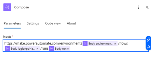 Captura de tela do uso da ação Redigir para redigir a URL de execução do fluxo.