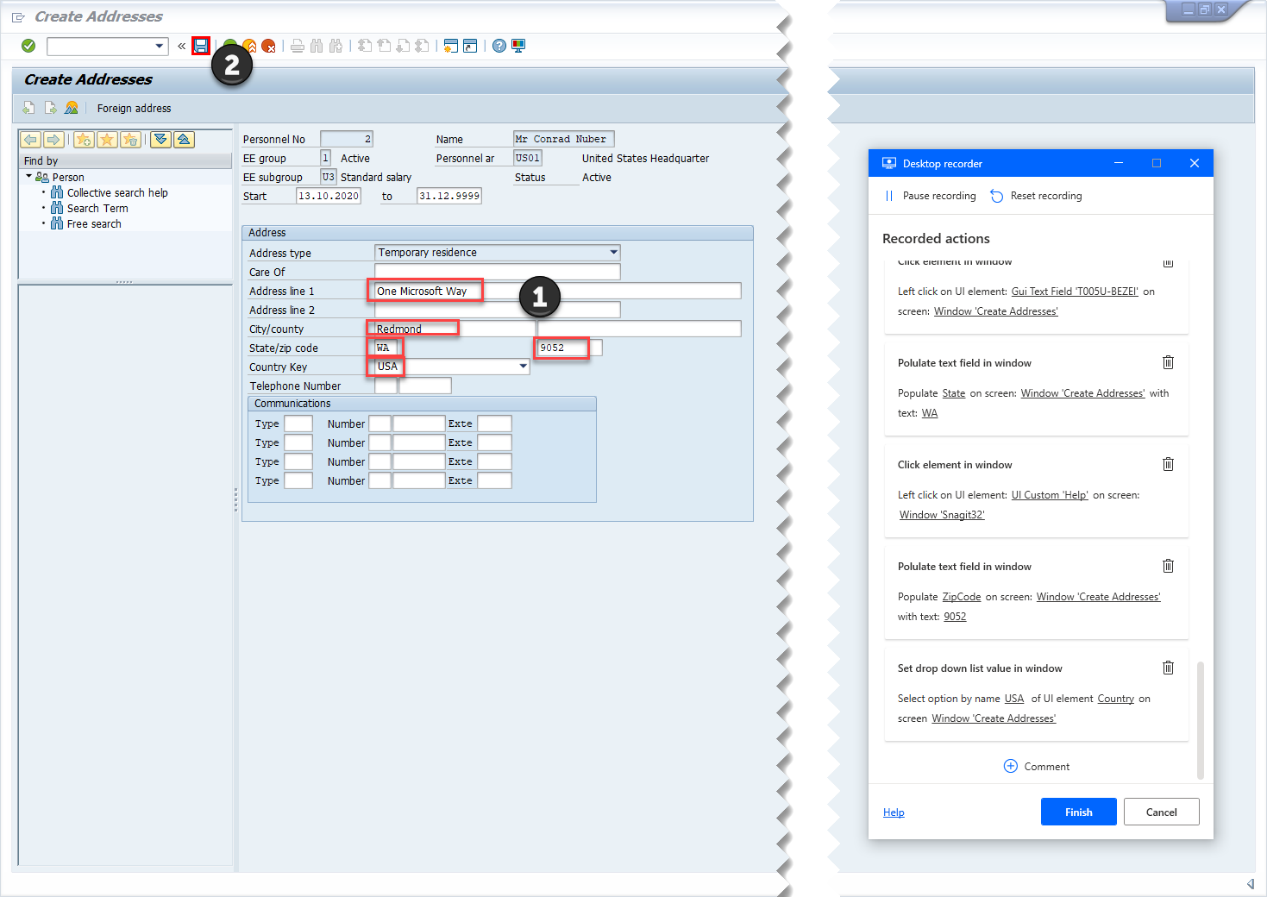 Captura de tela do SAP GUI com janela de acompanhamento do Gravador da área de trabalho e os campos relevantes de endereço do SAP listados na tela e o botão Salvar também marcado como etapa de gravação.