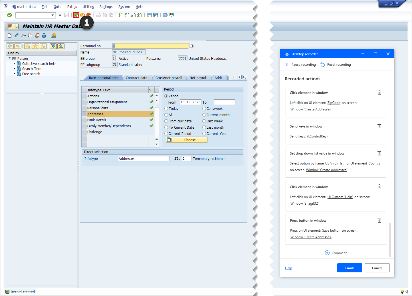 Captura de tela do SAP GUI com a janela de acompanhamento do Gravador da área de trabalho e botão Voltar do SAP.