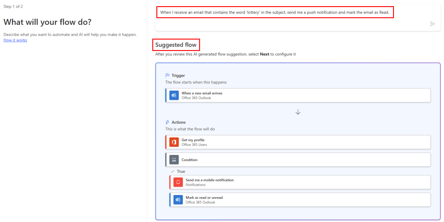 Captura de tela do acionamento de um fluxo de nuvem com base no assunto de um email no Copilot.