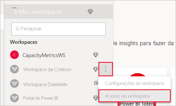 Captura de tela que mostra uma lista de workspaces. O ícone mais e o acesso ao workspace estão realçados.