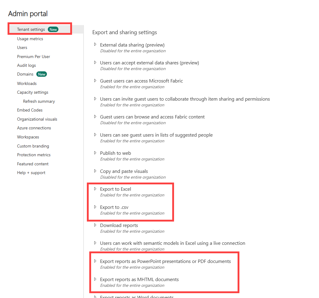 Captura de tela das configurações de locatário com as configurações de exportação relevantes descritas.