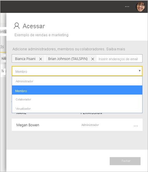 Captura de tela que mostra como adicionar membros, administradores e colaboradores a um workspace.