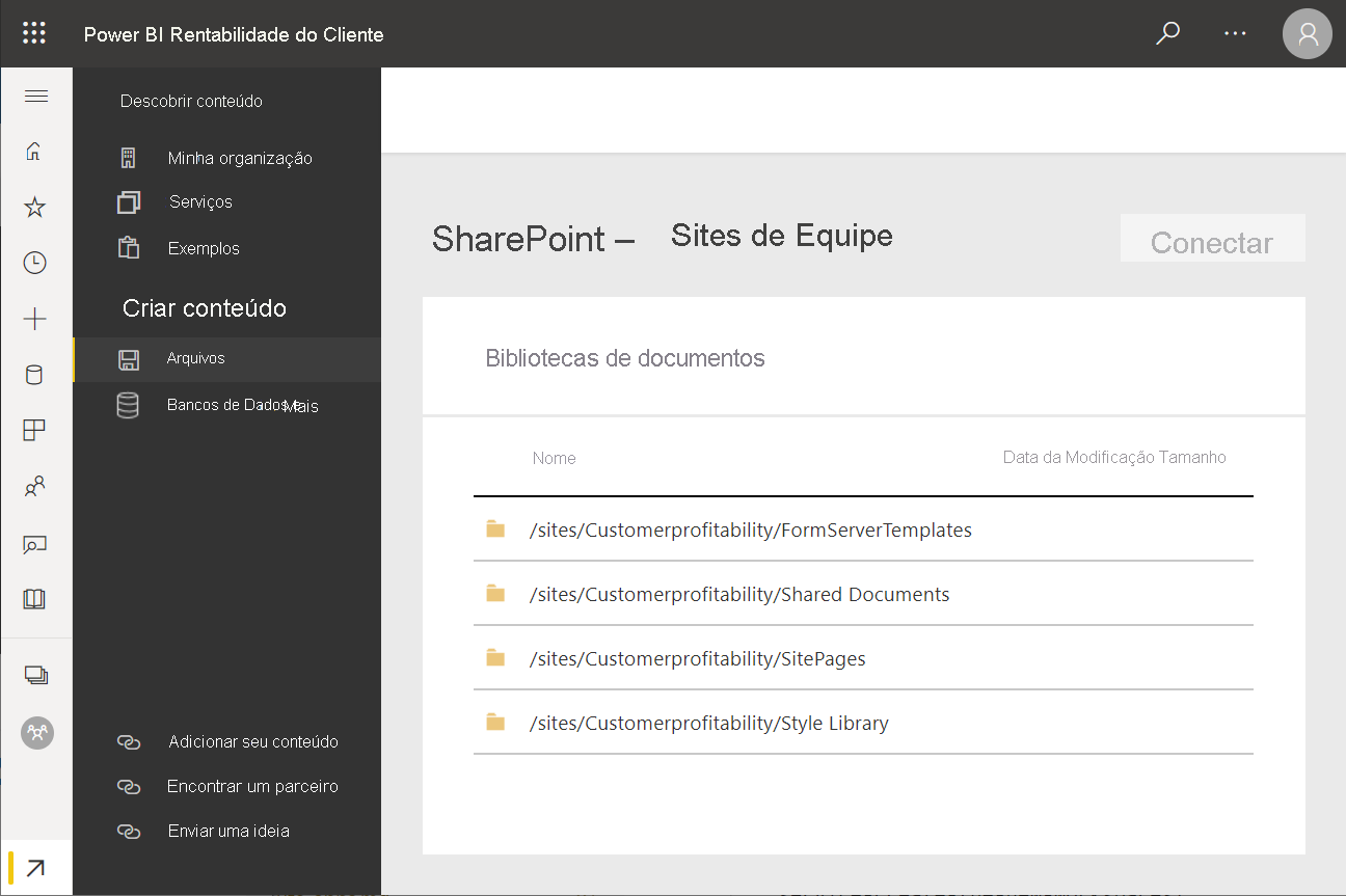 Uma captura de tela de pastas do SharePoint – Sites de Equipe.