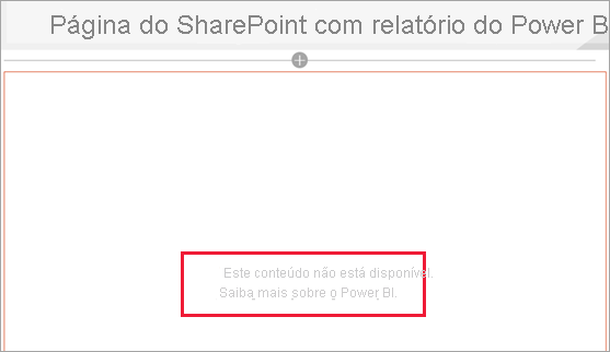 Captura de tela da página do SharePoint com o relatório do Power BI mostrando a mensagem de que o conteúdo não está disponível.