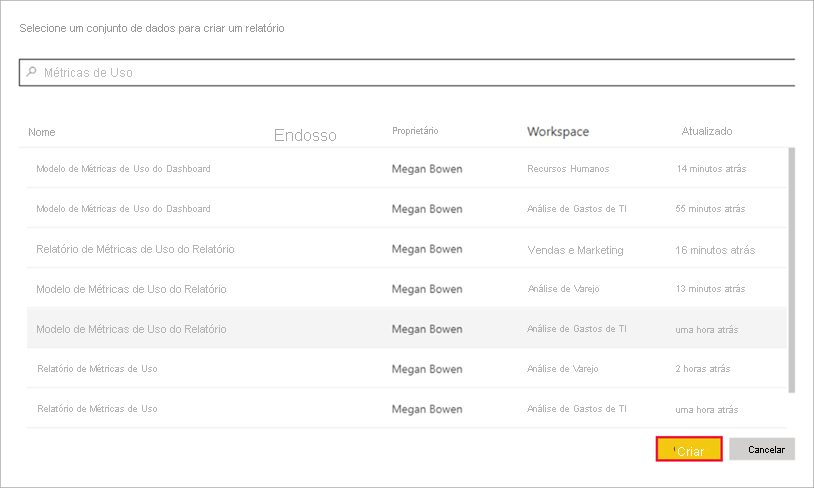 Screenshot of selecting the Usage Metrics Report semantic model.