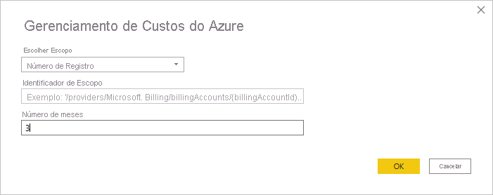 A captura de tela mostra as propriedades do Gerenciamento de Custos da Microsoft com um escopo do número de Registro.