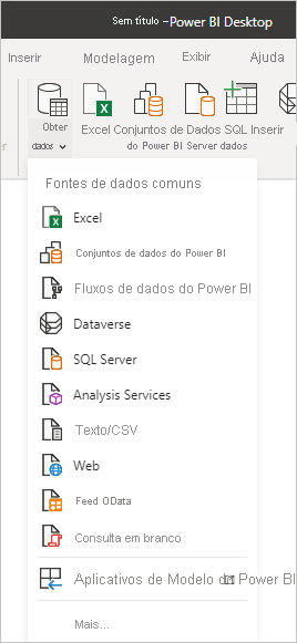 Captura de tela que mostra o item Obter dados e o menu Tipos de dados comuns no Power BI Desktop.