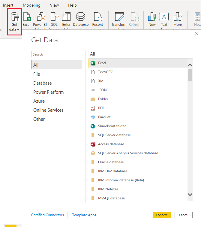 Captura de tela que mostra o ícone Obter Dados e a caixa de diálogo Obter Dados no Power BI Desktop.