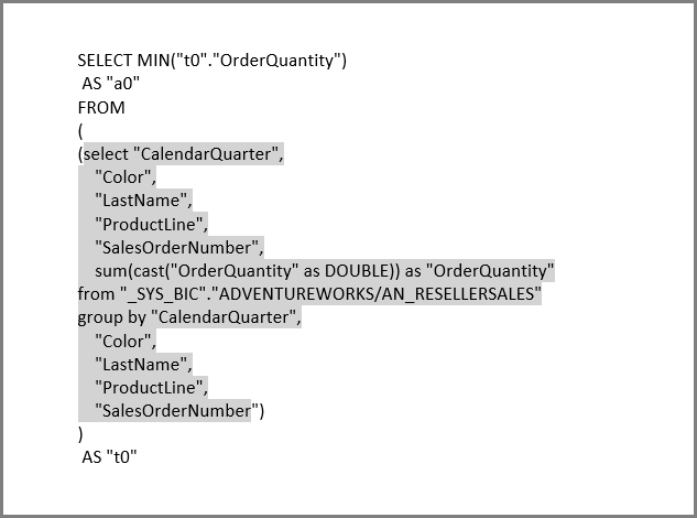 Captura de tela de um exemplo de consulta mostrando a consulta SQL no SAP HANA.