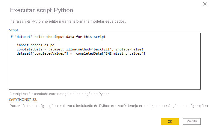 Captura de tela da caixa de diálogo Executar Script do Python mostrando o código do script.