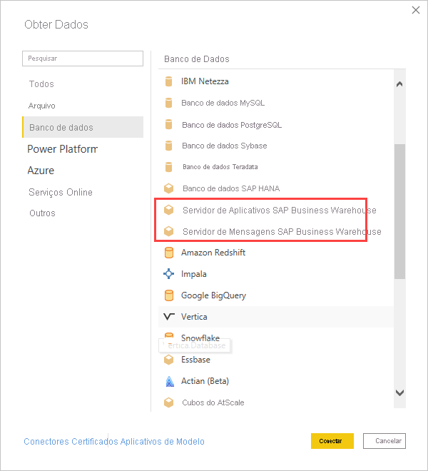 Captura de tela que mostra as opções Obter Dados para SAP.
