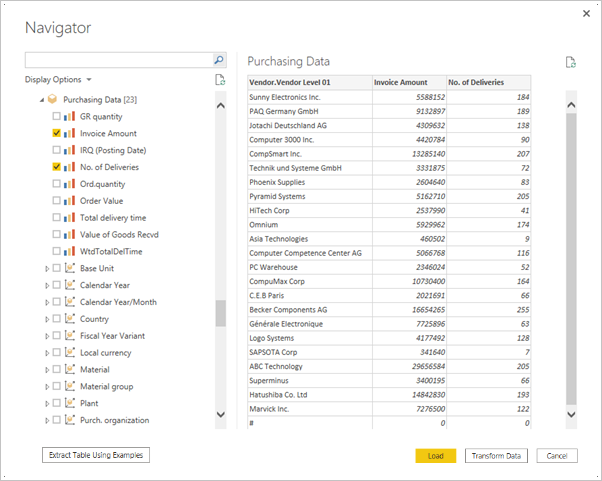 Captura de tela de uma pré-visualização da tabela SAP na tela Navegador.