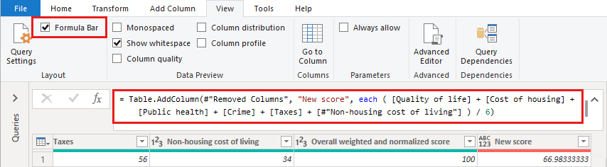 Screenshot of Power Query Editor showing the New score column and its data formula with errors fixed.