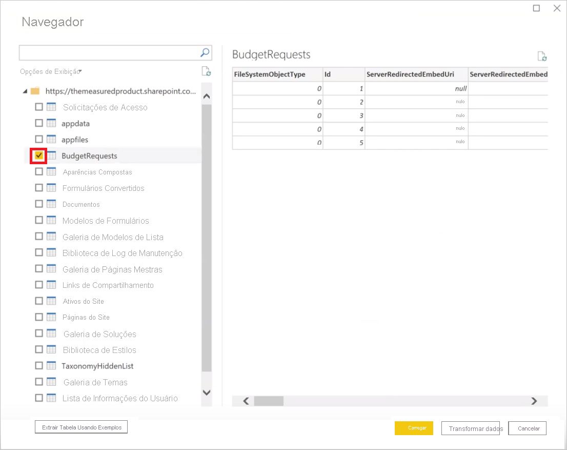 Screenshot shows the Navigator page with BudgetRequests selected.