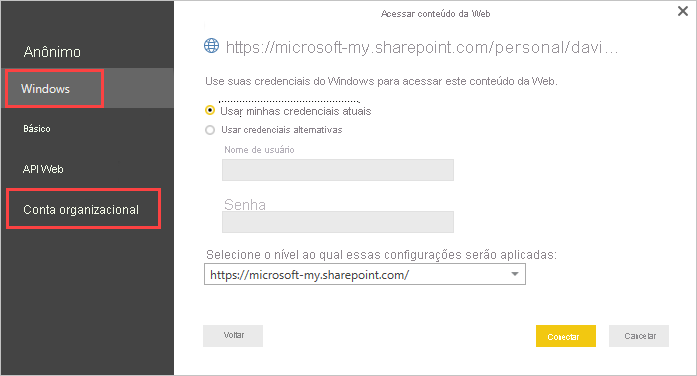 Screenshot of the Power BI Desktop credential prompt, showing Windows or Organizational account selection.