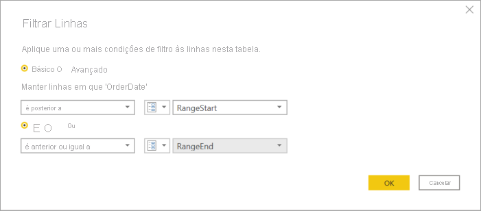 Filter rows dialog showing Range Start and Range End conditions.