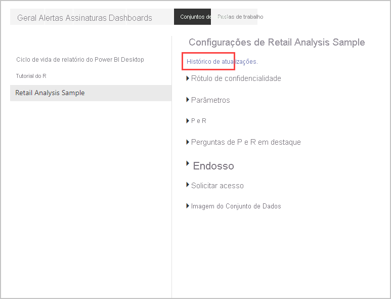 Screenshot shows the Semantic models Refresh history link to select.