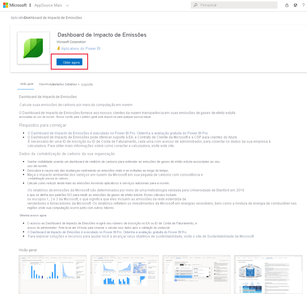 Captura de tela do Dashboard de Impacto de Emissões para o Azure no AppSource.